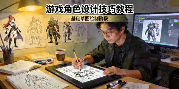 游戏角色设计技巧教程配图，展示设计师正在绘制角色草图